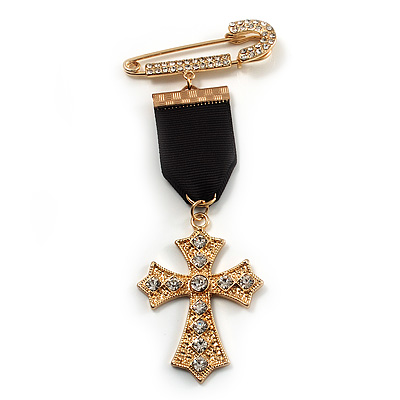 Medal Style Diamante Cross Charm Brooch (Gold Tone)