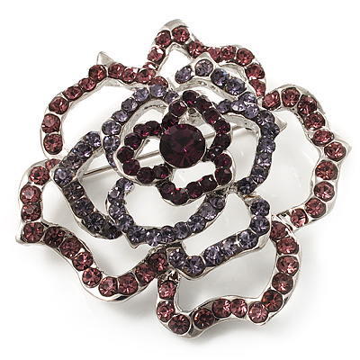 Stunning Purple Crystal Rose Brooch (Silver Tone) - main view