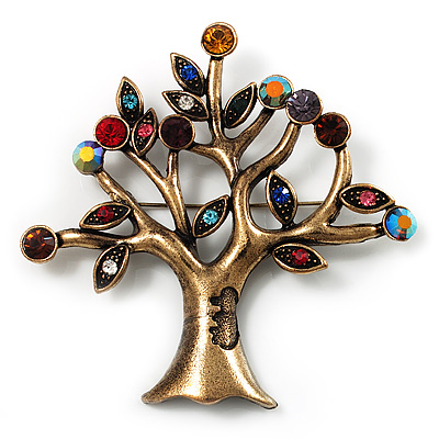 Vintage Multicoloured Tree Brooch (Bronze Tone) -7.5cm Length