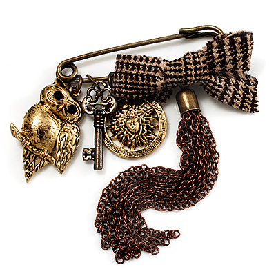 'Owl, Key, Sun, Tassel & Bow' Charm Safety Pin (Bronze Tone) - main view