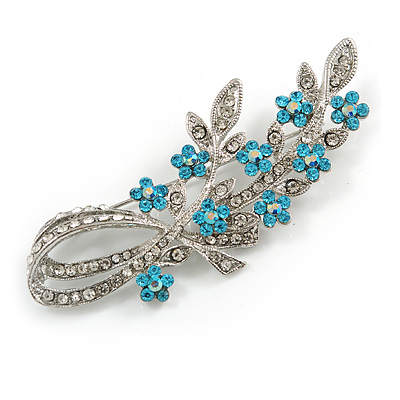 Romantic Crystal Floral Brooch In Rhodium Plating Clear & Teal Blue - 75mm L - main view