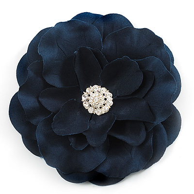 Large Navy Blue Crystal Satin Flower Brooch - main view