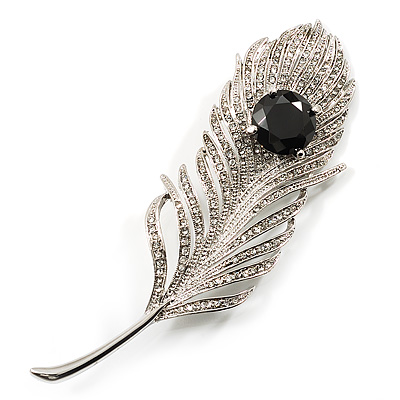 Large Swarovski Crystal Peacock Feather Silver Tone Brooch (Clear & Black) - 11.5cm Length - main view
