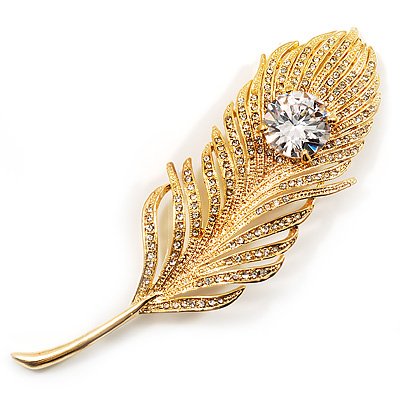 Large Swarovski Crystal Peacock Feather Gold Tone Brooch (Clear) - 11.5cm Length - main view