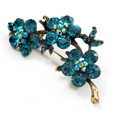 Top Grade Austrian Crystal Floral Brooch (Gold Tone & Teal Blue) - 55mm Across - main view
