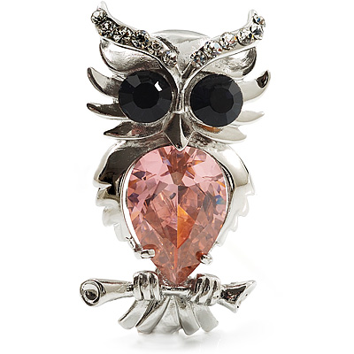 Silver Tone Stunning CZ Owl Brooch (Pink & Navy Blue) - main view