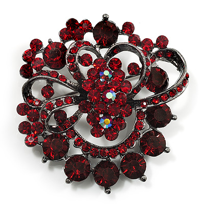 Burgundy Red Diamante Corsage Brooch (Black Tone) - main view
