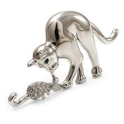 Rhodium Plated Cat & Mouse Brooch - main view