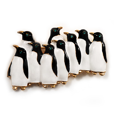 Black & White Enamel 'Penguin Family' Brooch (Gold Plated) - main view