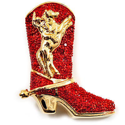 Gold Tone Red Austrian Crystal 'Cowboy Boot' Brooch - 40mm L - main view