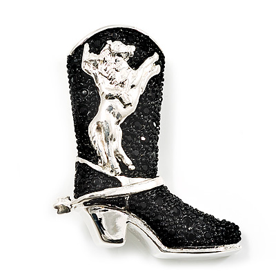 Silver Black 'Crystal Cowboy Boot' Brooch - main view