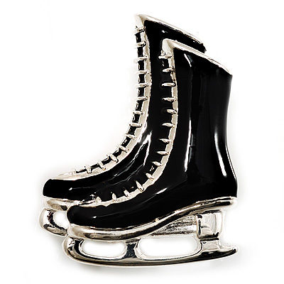 Black Enamel Figure Skates Brooch (Silver Plated) - main view