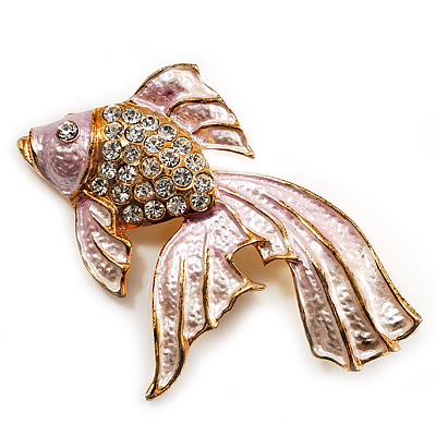 Light Pink Enamel Crystal Fish Brooch (Gold Plated Metal) - main view