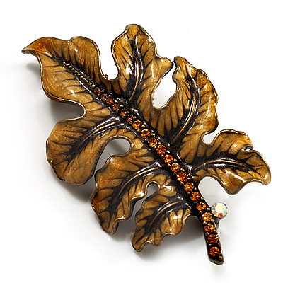 Bronze Enamel Diamante Oak Leaf Pin/Pendant - main view
