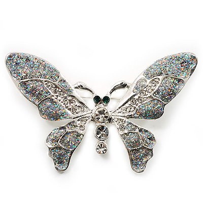 Glittering Silver Tone Diamante Butterfly Brooch - main view