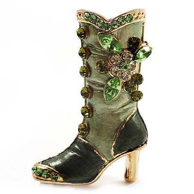 Olive Green Enamel Crystal High Boot Pin Brooch (Gold Tone Metal) - main view