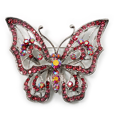 Pink Crystal Butterfly Brooch (Silver Tone Metal) - main view