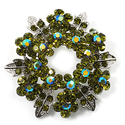Light Olive Green Crystal Wreath Brooch (Silver Tone Metal) - main view