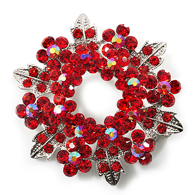 Red Crystal Wreath Brooch (Silver Tone Metal) - 50mm Diameter - main view