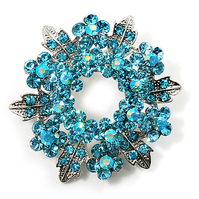 Light Blue Crystal Wreath Brooch (Silver Tone Metal) - main view