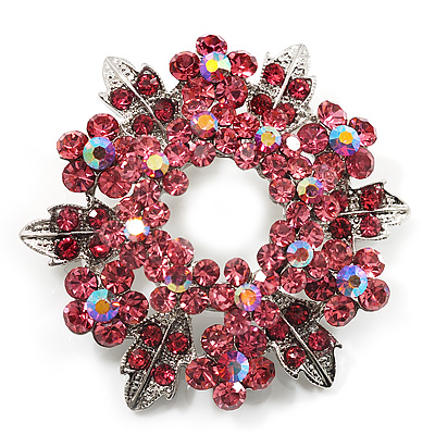 Light Pink Crystal Wreath Brooch (Silver Tone Metal) - main view