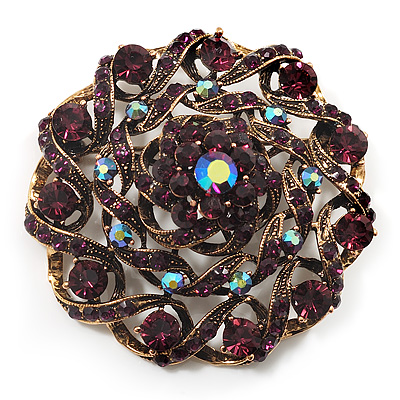 Dome Shaped Deep Purple Crystal Corsage Brooch (Antique Gold Tone) - main view