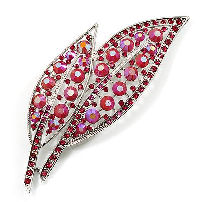 Large Pink Diamante 'Leaf' Pin/Pendant (Silver Tone) - main view