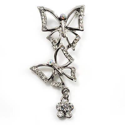 Diamante Charm Butterfly Brooch (Silver Tone)