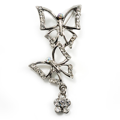 Diamante Charm Butterfly Brooch (Silver Tone) - main view