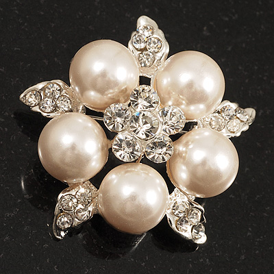 Stunning Bridal Simulated Pearl Crystal Brooch (Snow White & Silver)