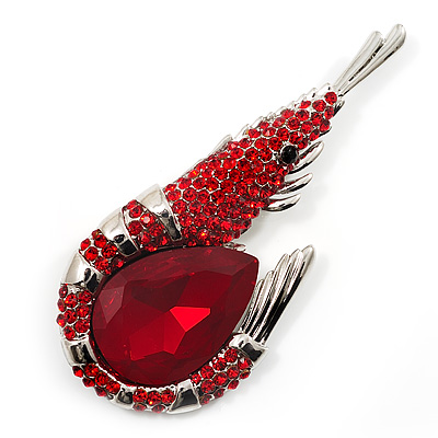 Large Hot Red Crystal Prawn Brooch (Silver Tone Metal)