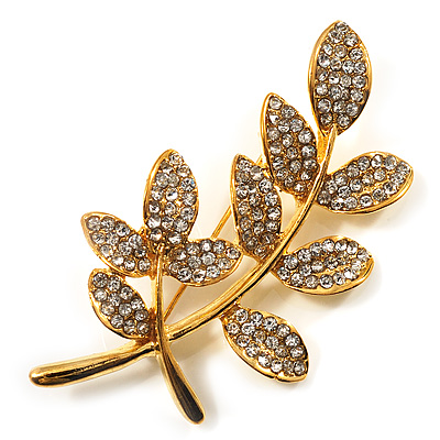 Delicate Diamante Leaf Brooch (Gold Tone Metal) - main view