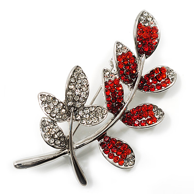 Delicate Red Crystal Leaf Brooch (Silver Tone Metal) - main view