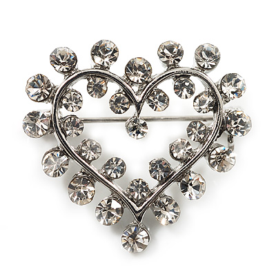 Tiny Crystal Open Heart Brooch (Silver Tone Metal) - main view