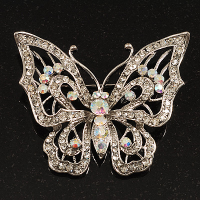 Clear Crystal Butterfly Brooch (Silver Tone Metal) - main view