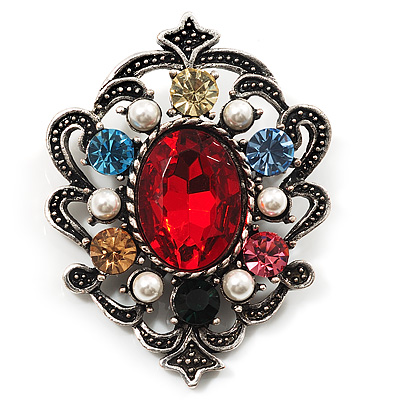 Multicouloured Crystal Vintage Brooch (Burn Silver Finish) - main view