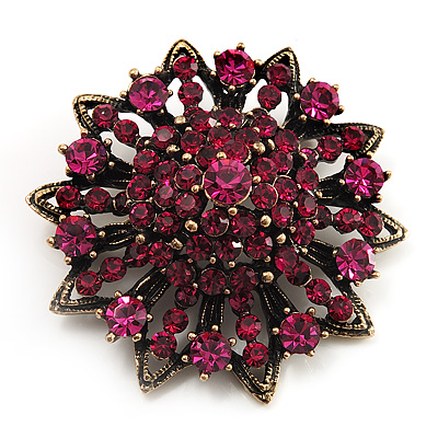 Magenta Crystal Dimensional Floral Corsage Brooch (Antique Gold Tone) - main view