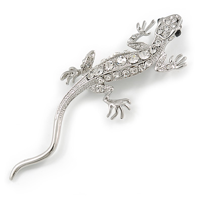 Crystal Lizard With Green Eyes Brooch (Silver Tone Metal) - main view