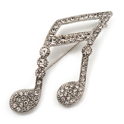 Large Crystal Musical Note Brooch (Silver Tone Metal) - main view