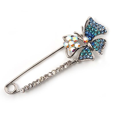 Rhodium Plated Blue Butterfly Safety Pin Brooch - main view