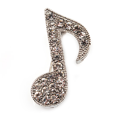 Small Silver Tone Clear Crystal Musical Note Brooch - main view