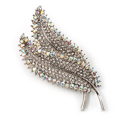 Clear & AB Crystal Double Leaf Brooch (Silver Tone Metal) - main view