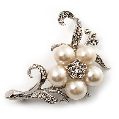 Silver Tone White Simulated Pearl Diamante Floral Brooch
