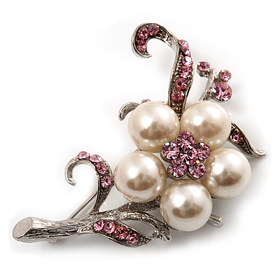 Silver Tone White Simulated Pearl Pink Diamante Floral Brooch - main view