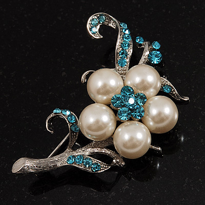 Silver Tone White Simulated Pearl Azure Diamante Floral Brooch - main view
