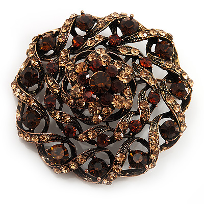 Dome Shaped Amber Coloured Crystal Corsage Brooch (Antique Gold Tone) - main view