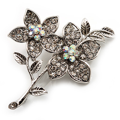 Clear Swarovski Crystal Flower Brooch (Silver Tone) - main view