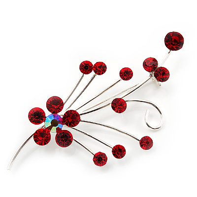 Silver Tone Red Diamante Floral Brooch - main view