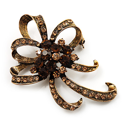Chestnut Brown Crystal Bow Corsage Brooch (Antique Gold Tone)