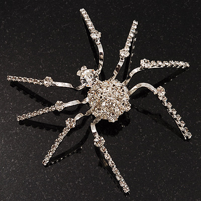 Jumbo Diamante 8 Legged Spider Brooch (Silver Tone Metal) - main view